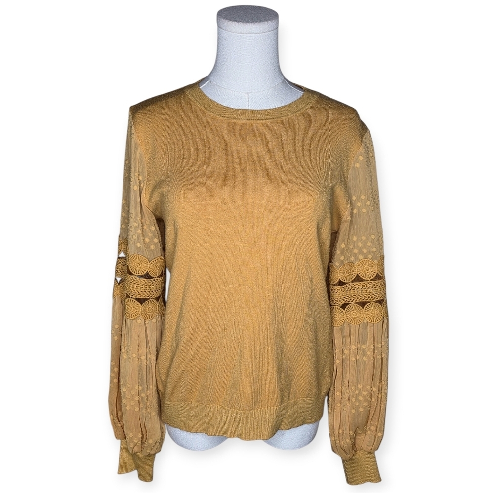 Sioni Milano Gold Sheer Sleeve Knit Sweater Top Crochet Detail